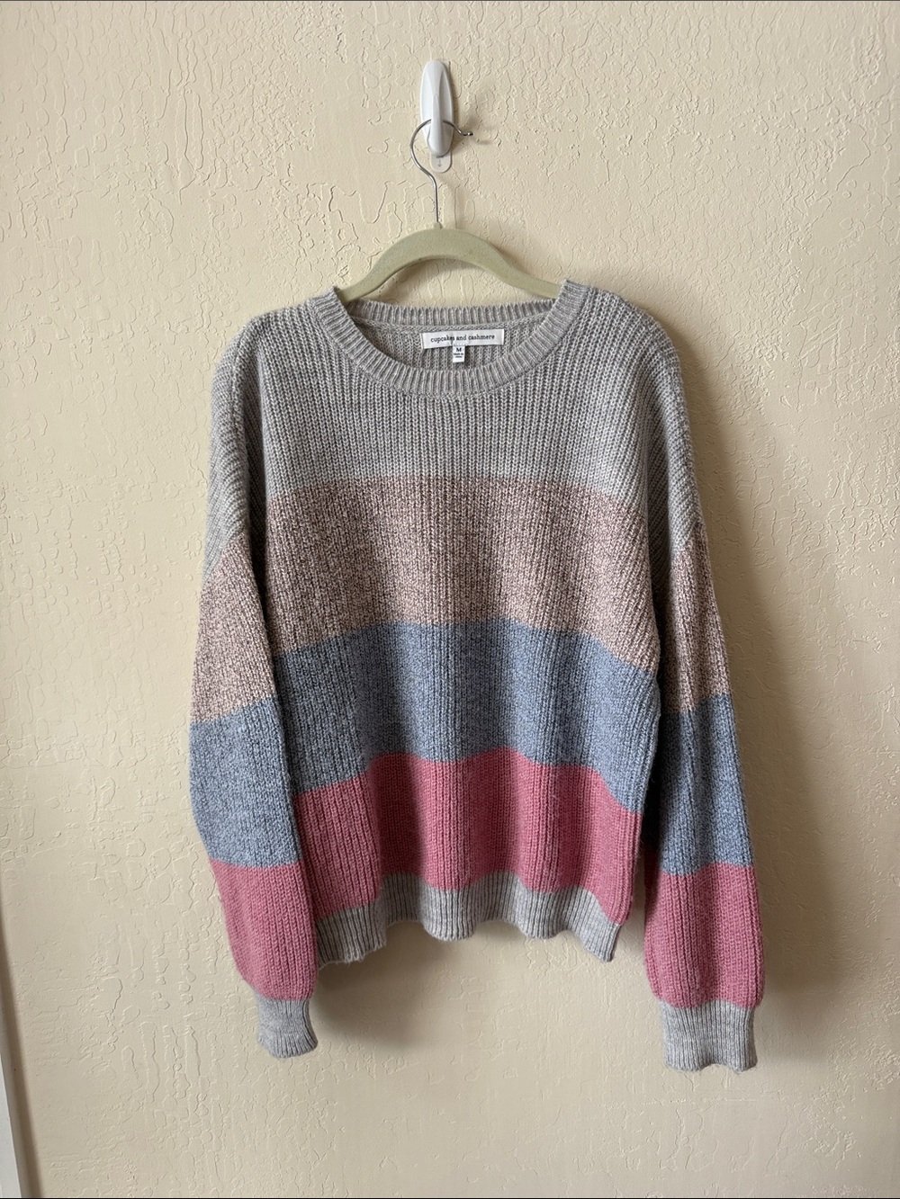 cupcakes & cashmere Striped Crewneck Sweater - Gray, Taupe, Blue, Pink